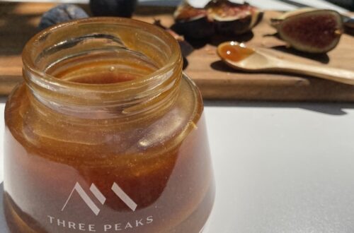close up of Three Peaks Honey jar
